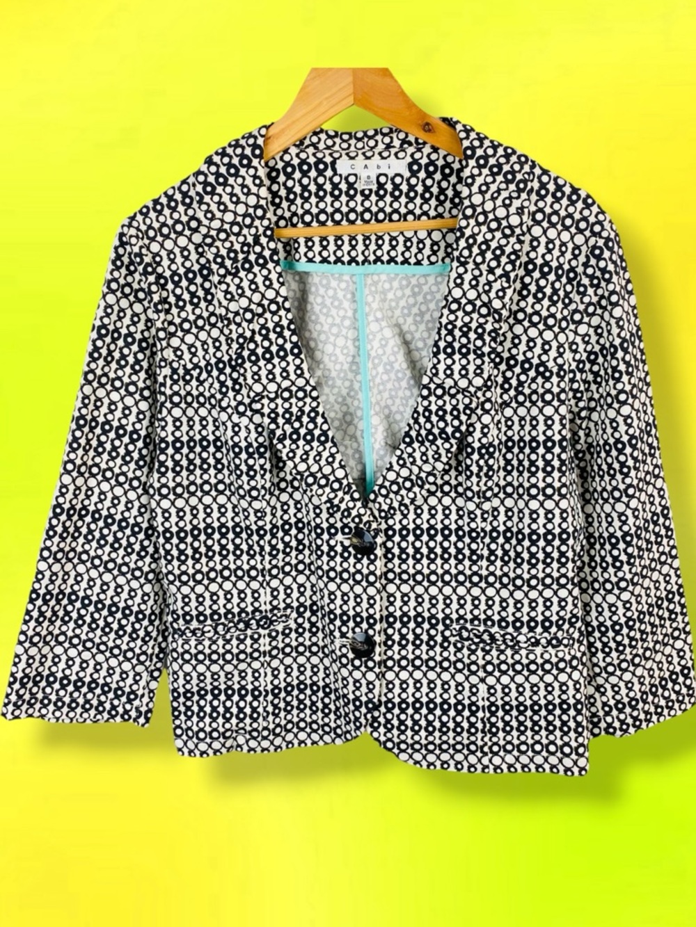 Cabi 298 Du Jour Retro Polka Dot 3/4 Sleeve Cropped Blazer Jacket Black & White